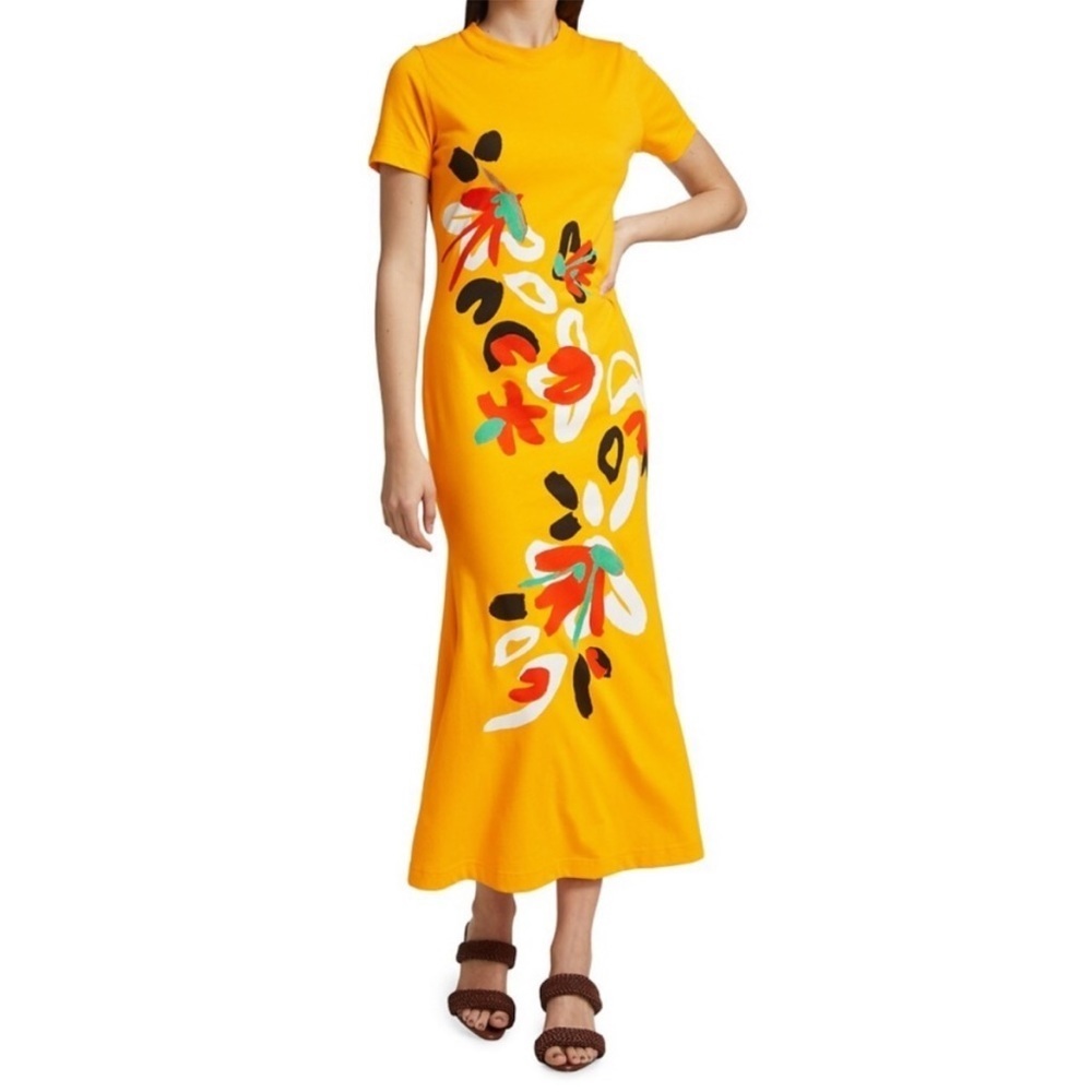 Tanya Taylor Mallorie Floral-Print Short-Sleeve Midi Dress New Size XS